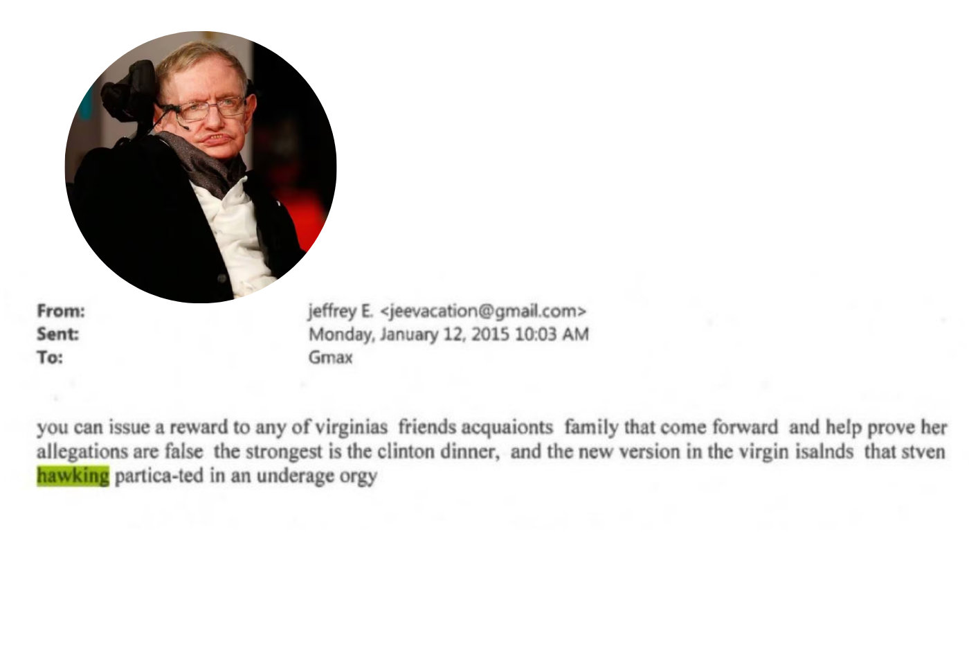 En los documentos revelados, se puede observar que Stephen Hawking estuvo presente en una de las numerosas reuniones con menores de edad en la isla de Jeffrey Epstein.
