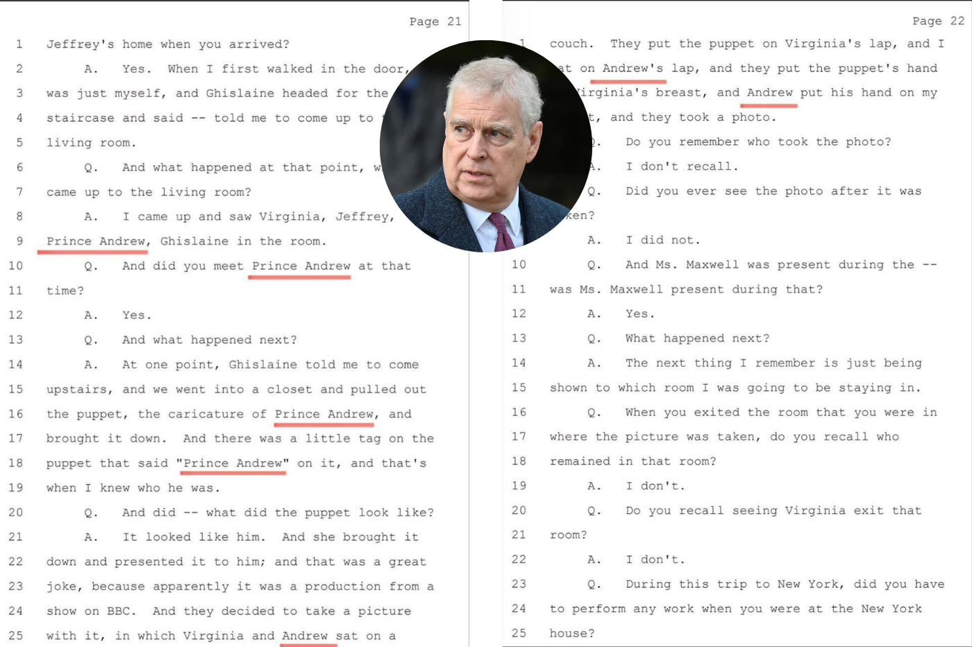 También se puede leer el nombre del Príncipe Andrew en los Archivos Epstein: “Entramos en un armario y sacamos el títere, la caricatura del príncipe Andrés, y lo trajimos. Y había una pequeña etiqueta en el títere que decía “Príncipe Andrés”, y ahí fue cuando supe quién es”. “Pusieron el títere en el regazo de Virginia, y yo me senté en el regazo de Andrew, y pusieron la mano del títere en el pecho de Virginia, y Andrew puso su mano en mi pecho, y tomaron una foto”.
