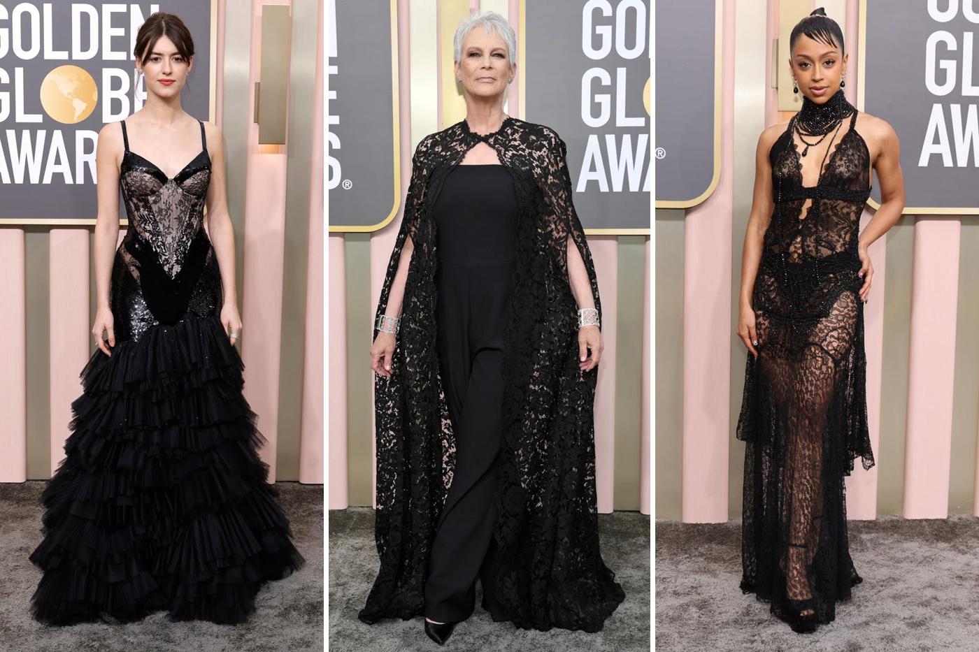 Lentejuelas, terciopelo, brocados, con faldas sobre pantalones y hasta crop tops por debajo de su saco fueron algunas tendencias que los famosos predominaron en los Golden Globes 2023. Con un vestido dramático y sexy se presento Daisy Edgar Jones by Gucci; Jamie Lee Curtis una espectacular creación de Valentino, posando para mostrar la capa de encaje negro en cada oportunidad y Liza Koshy con un seductor vestido negro de encaje.