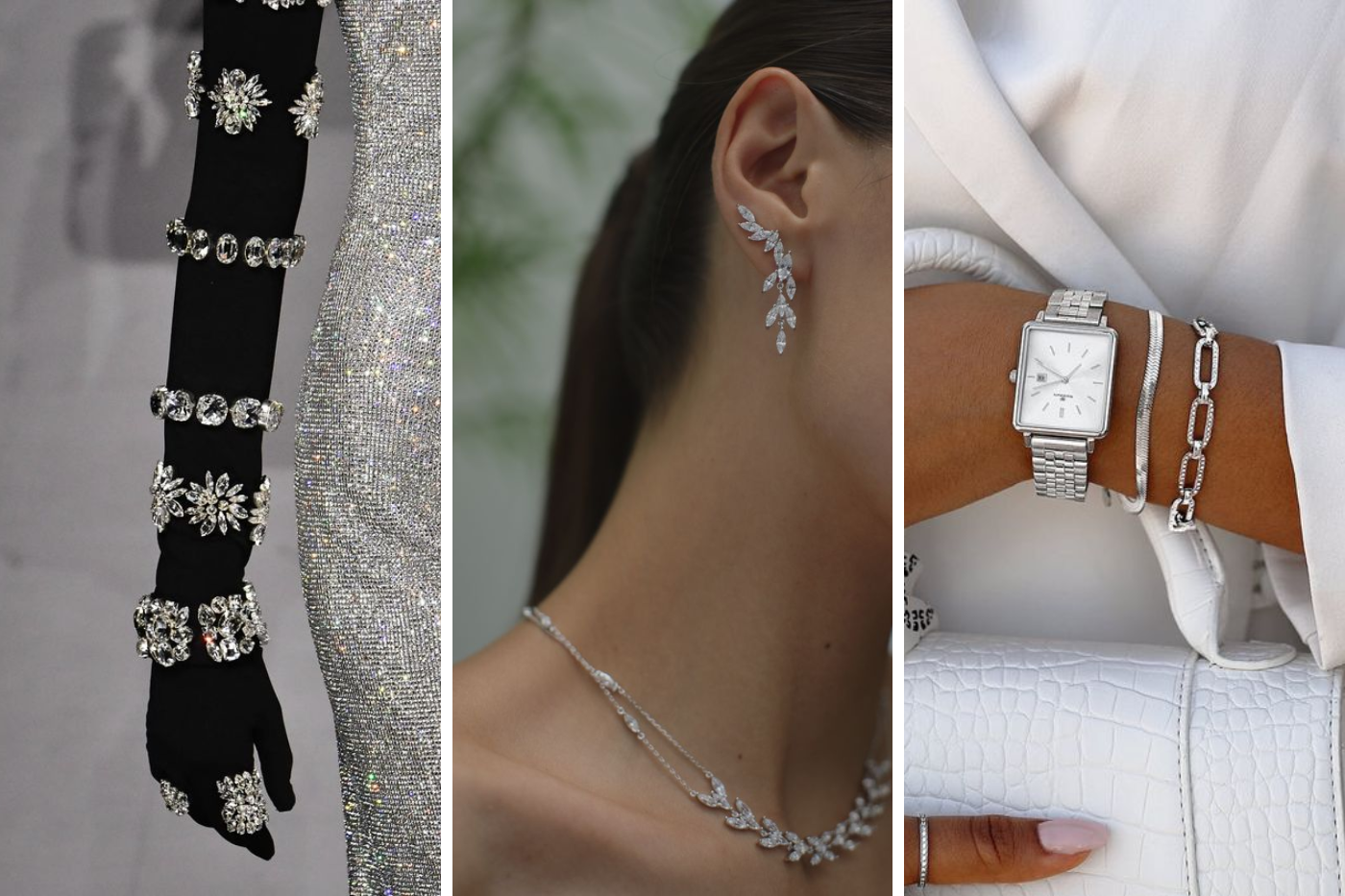 <b>Joyería Plateada</b>La joyería plateada se destaca como la opción preferida en accesorios para el 2024. Collares, pulseras y aretes en tonos plateados añaden un toque de brillo frío y sofisticado, complementando a la perfección cualquier conjunto.