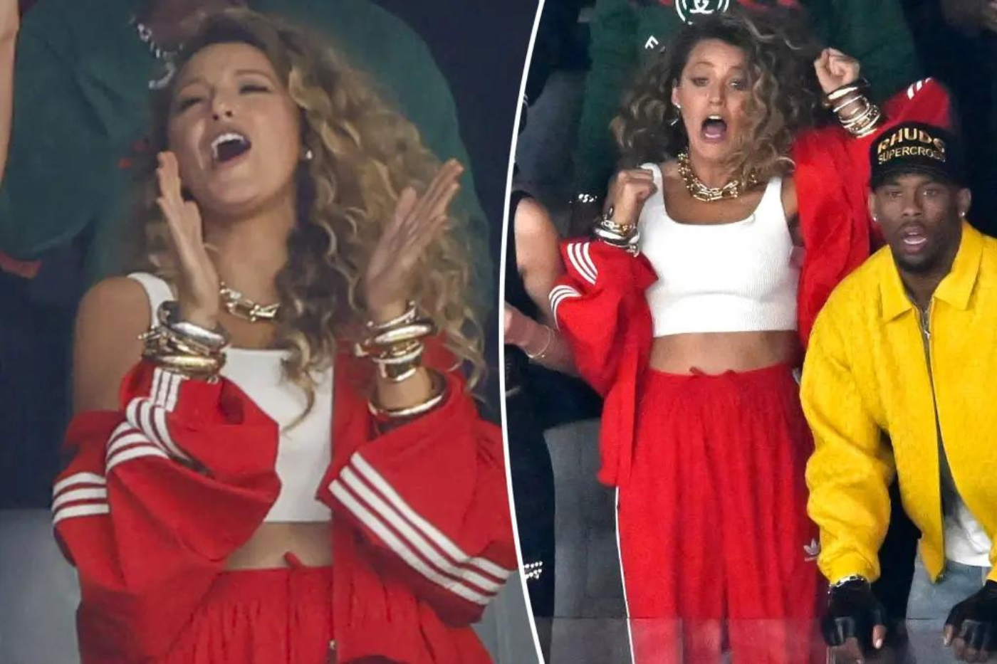 Blake Lively impactó con un look deportivo al rojo vivo de Adidas x Balenciaga en el <i>Super Bowl 2024</i>.