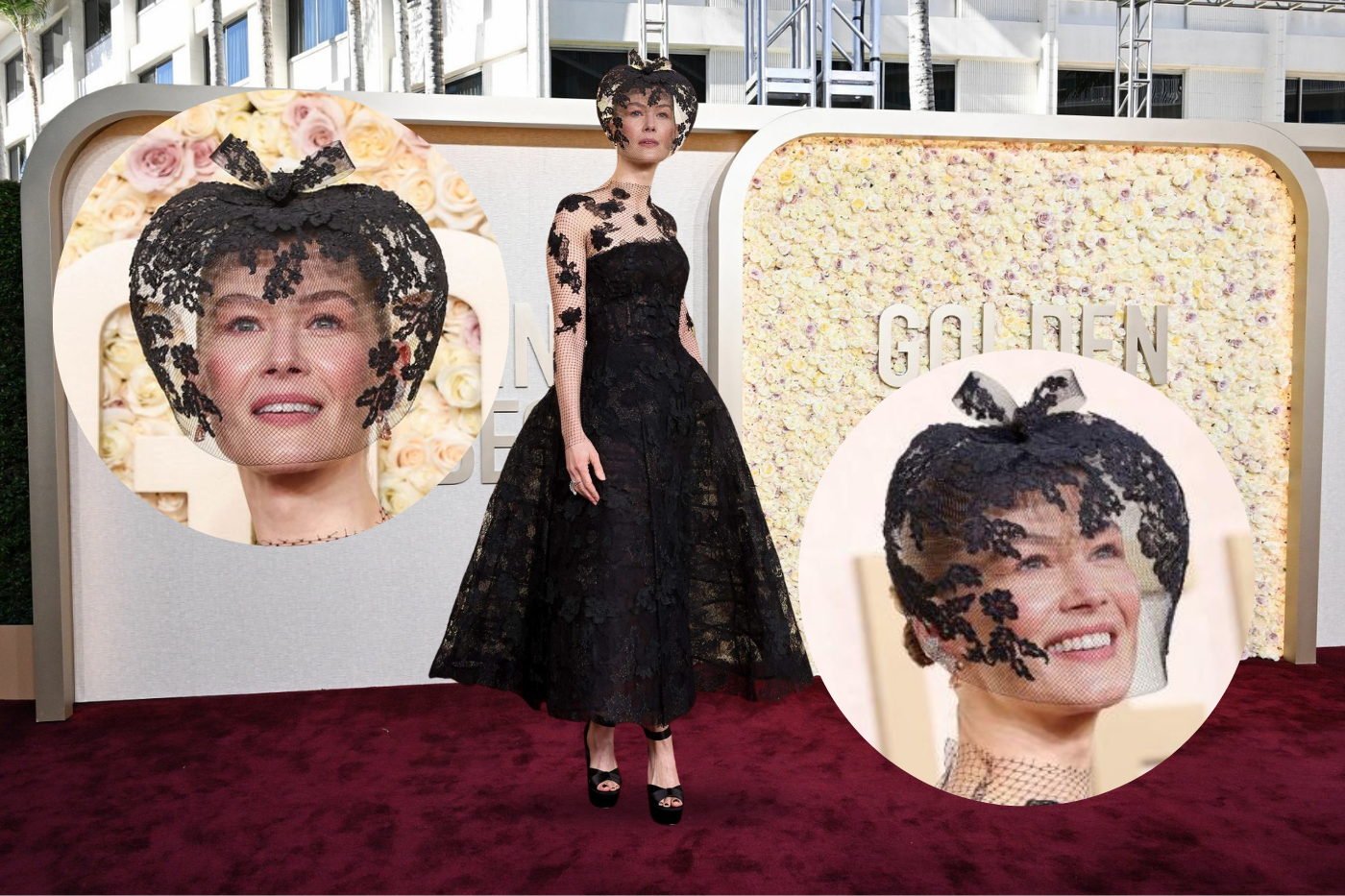 Sin embargo, lo más impactante fue su velo. La actriz británica, nominada por su papel estelar en la película “Saltburn”, optó por un velo negro diseñado por Philip Treacy, agregando un toque de misterio y elegancia a su presencia en los Globos de Oro.