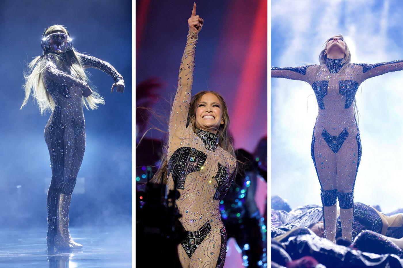Para abrir la noche, J.Lo apareció con un catsuit ajustado diseñado por Michael Ngo, adornado con cristales que simulaban circuitos electrónicos. 