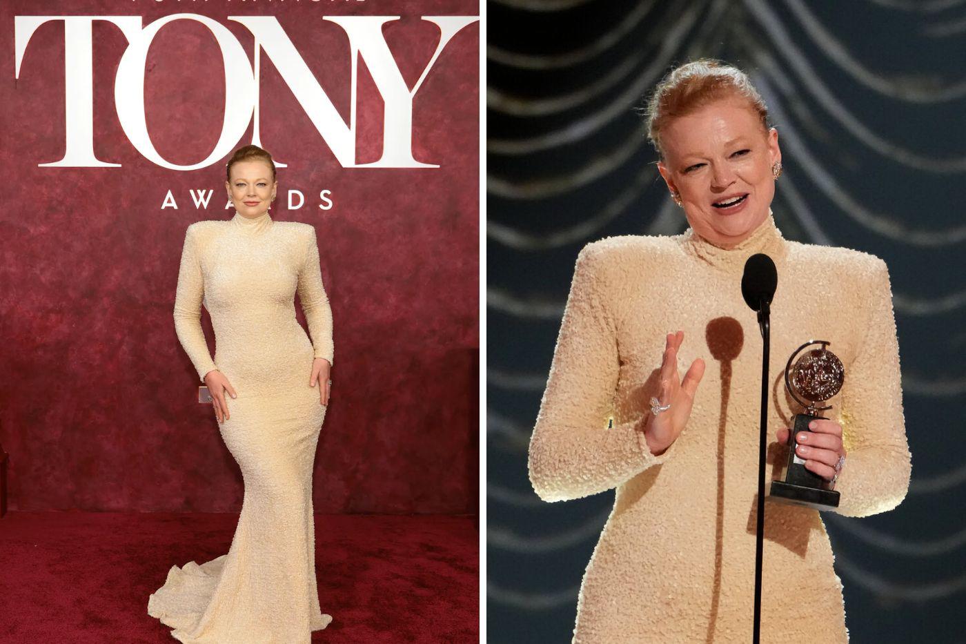La actriz Sarah Snook quien ganó con el premio a Mejor Actriz Principal por su actuación en “El retrato de Dorian Gray” en esta edición de los Tony, optó por lucir un vestido de lentejuelas tallado al cuerpo color marfil.