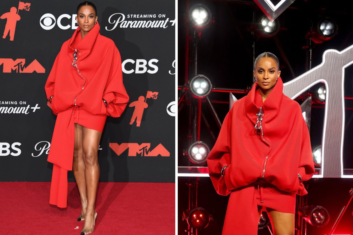 Ciara optó por un vestido rojo de la colección de primavera 2025 de Schiaparelli<b> </b>y tacones de Gianvito Rossi. 