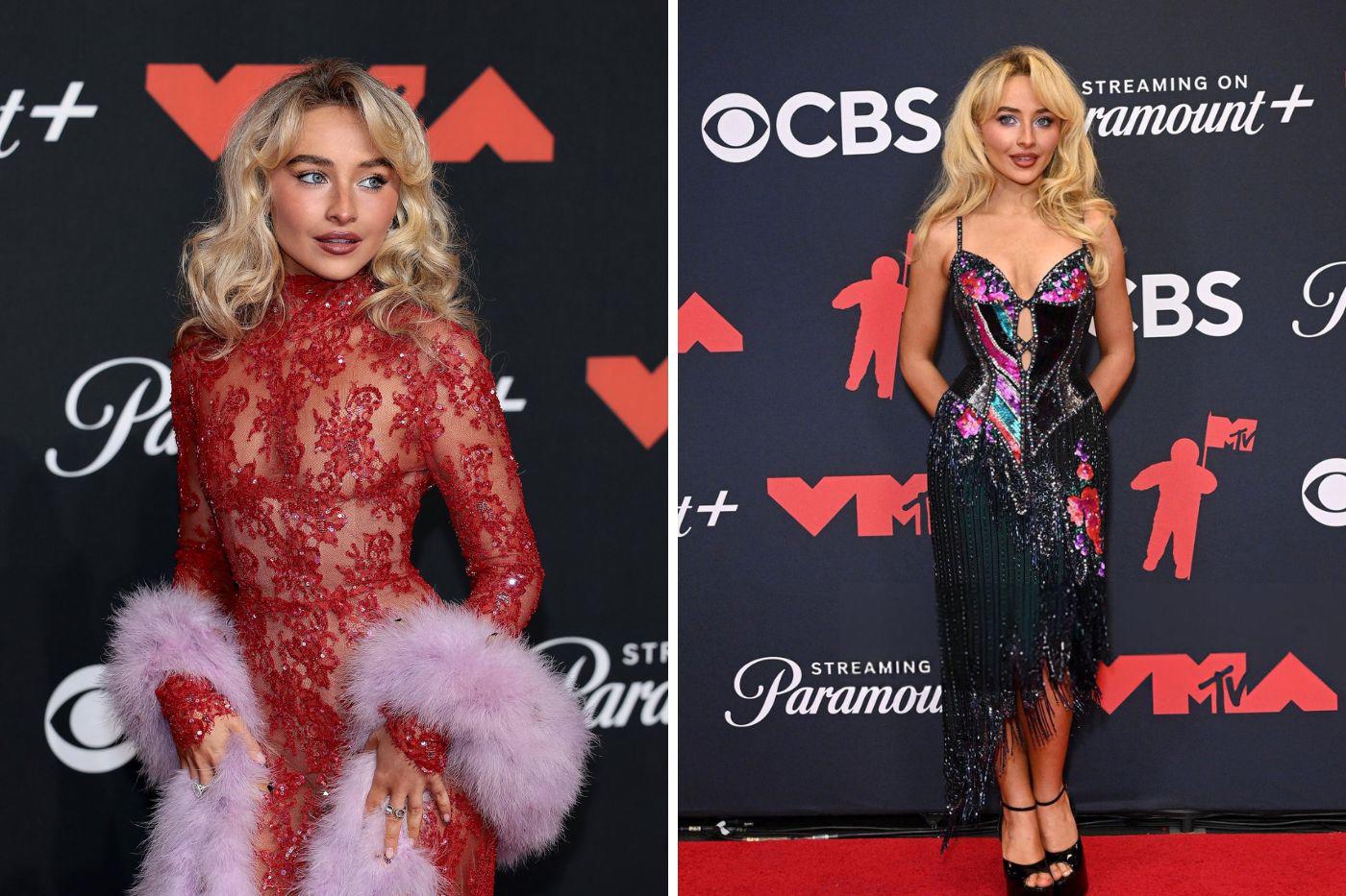 Sabrina Carpenter deslumbró con dos impactantes looks. Primero apareció con un sofisticado vestido rojo de manga larga en encaje firmado por Valentino, para luego sorprender con un atrevido diseño negro asimétrico, adornado con aberturas estratégicas y destellos de lentejuelas arcoíris.