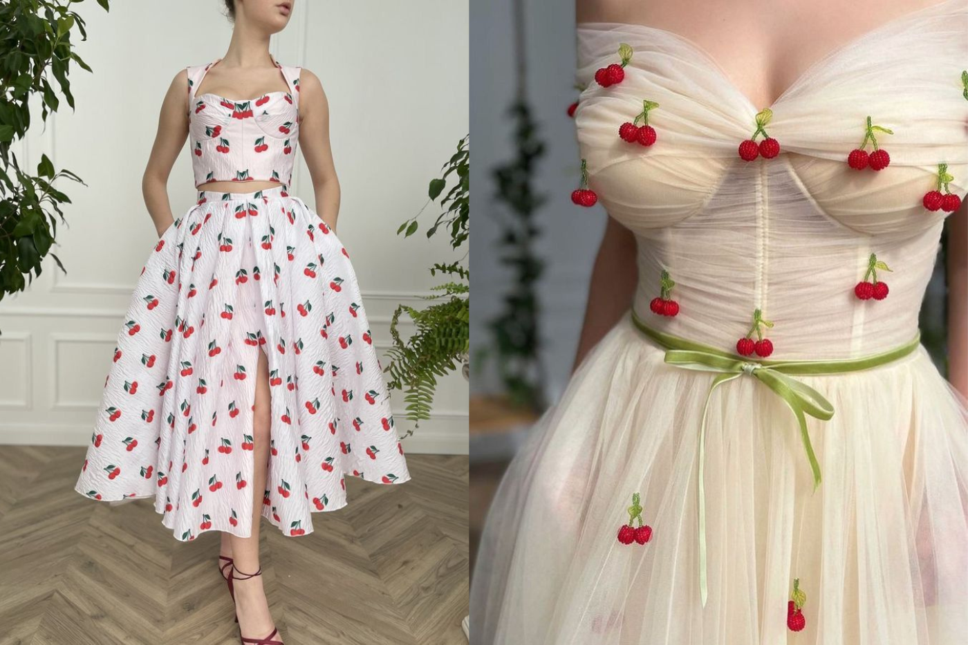 <b>Vestidos</b>Puedes optar por un vestido vaporoso adornado con cerezas en tonos vibrantes, como una explosión de color que capture la esencia de la temporada. Este estilo puede llevarte para un picnic en el parque o una velada romántica, solo debes cambiar los accesorios.