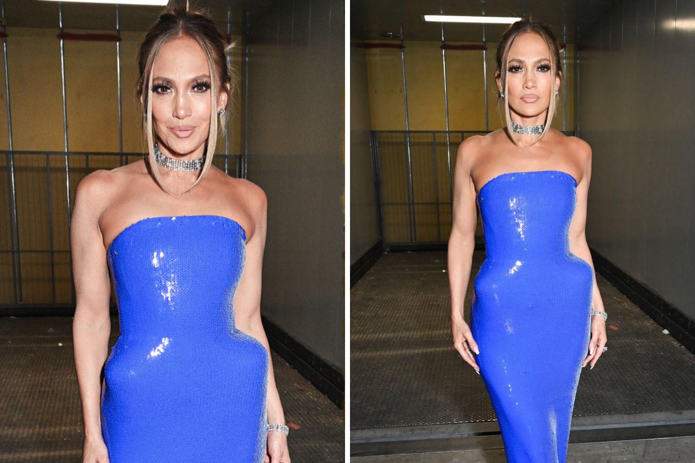 También eligió un vestido strapless azul eléctrico de David Koma, cubierto de lentejuelas y con detalles exagerados en las caderas, creando una silueta impactante. 
