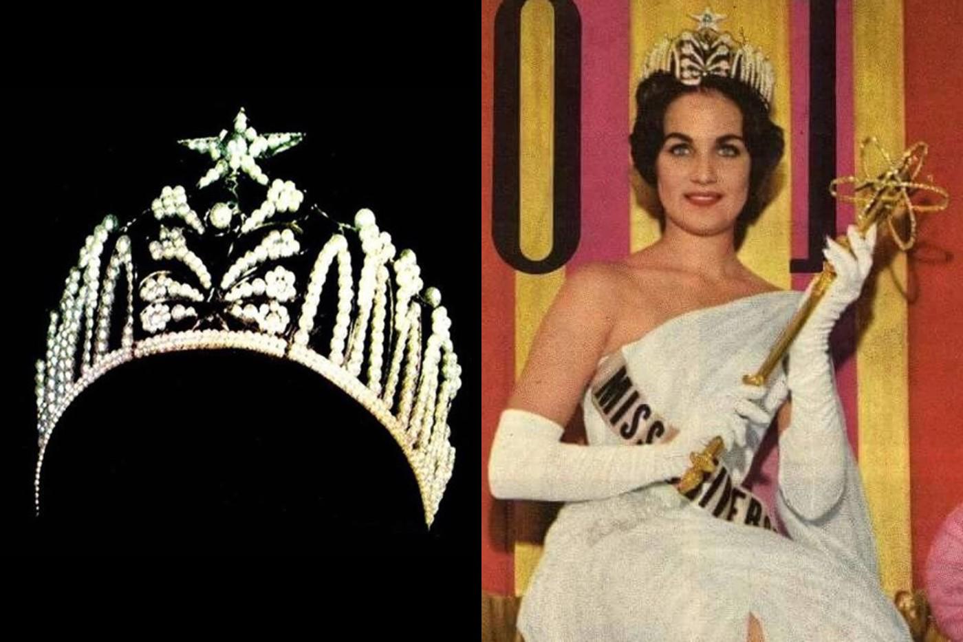 Estrella del Universo (1954–1960)Elaborada con aproximadamente mil perlas cultivadas orientales y negras, engarzadas en oro macizo y platino, y con un peso de sólo 1,25 libras. La característica distintiva de esta corona era un diseño en forma de estrella en su pináculo, definitivamente una corona hermosa y compleja.