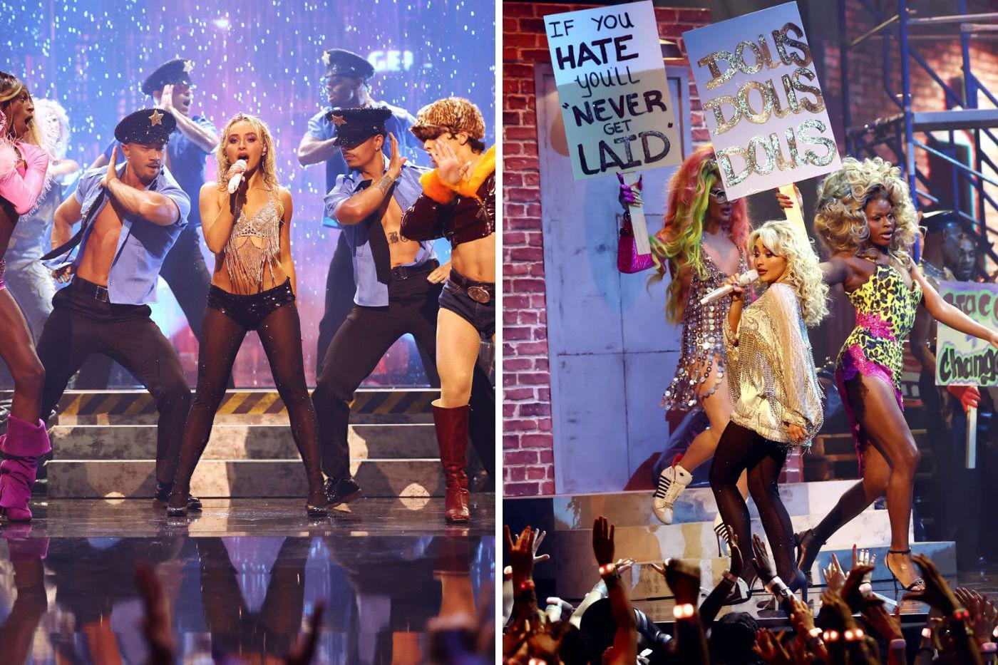 Sabrina Carpenter por primera vez en vivo interpretó su más reciente éxito “Tears”, la cantante durante su presentación mostró su firme apoyo a los derechos de las personas trans, mientras los bailarines sostenían pancartas con mensajes de apoyo. 