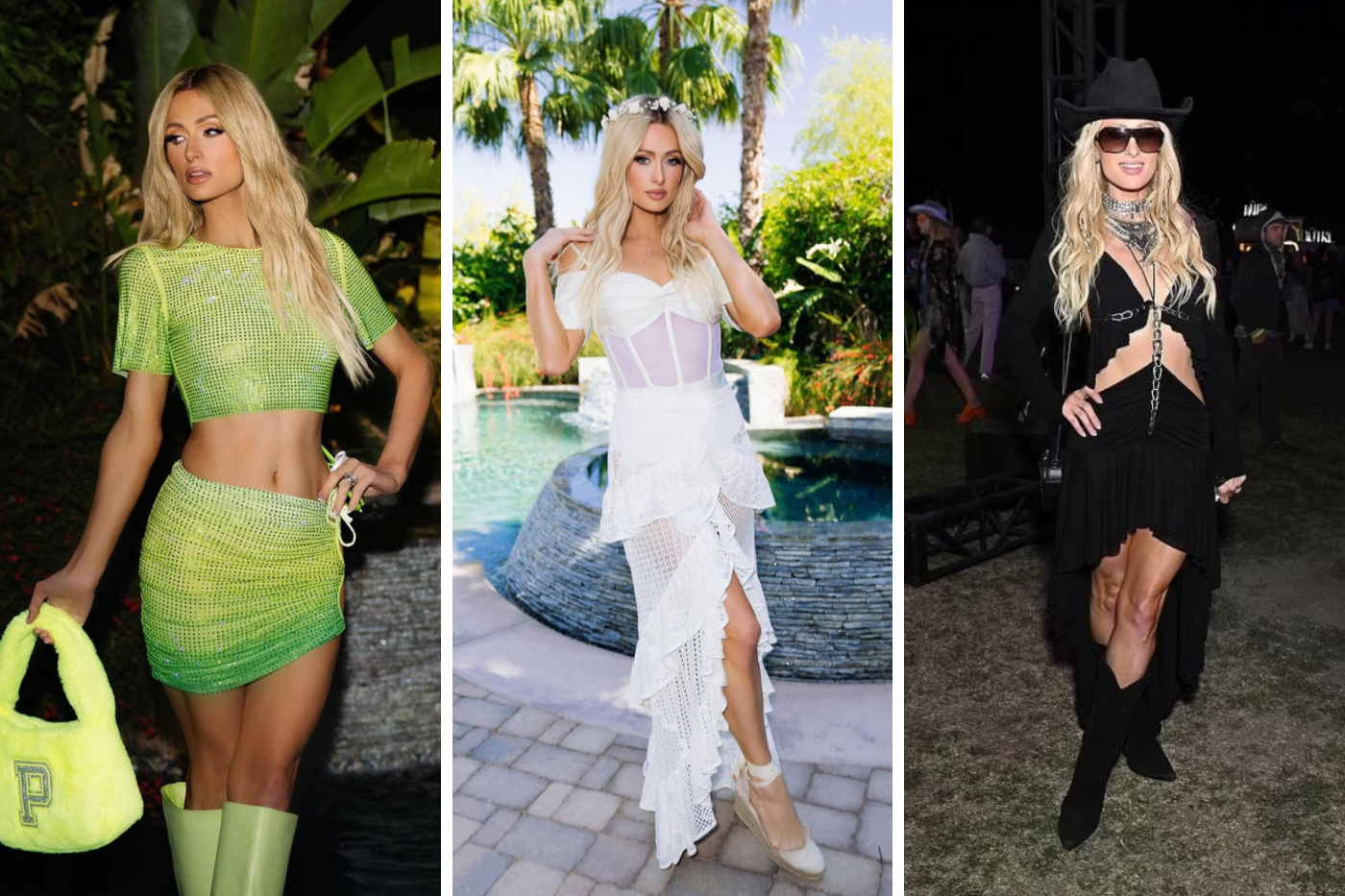 Paris Hilton es una de las mejores vestidas en todos los Coachella, y este año no fue la excepción. Esta vez, la modelo lució tres atuendos: el primero era verde neón, acompañado de un bolso que llevaba la inicial de su nombre, muy a su estilo; el segundo, un vestido blanco con una tiara de flores; y, el tercero, un atuendo muy vaquero.