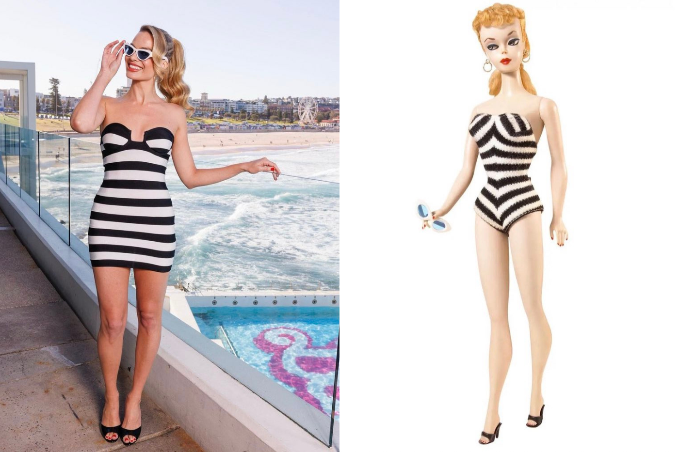 Robbie siguió brindando honor a Barbie con su look más icónico: el fabuloso traje de baño de la muñeca original de 1959. Este diseño de Herve Leger maravilló a los internautas después de la presentación de la película en Sydney.