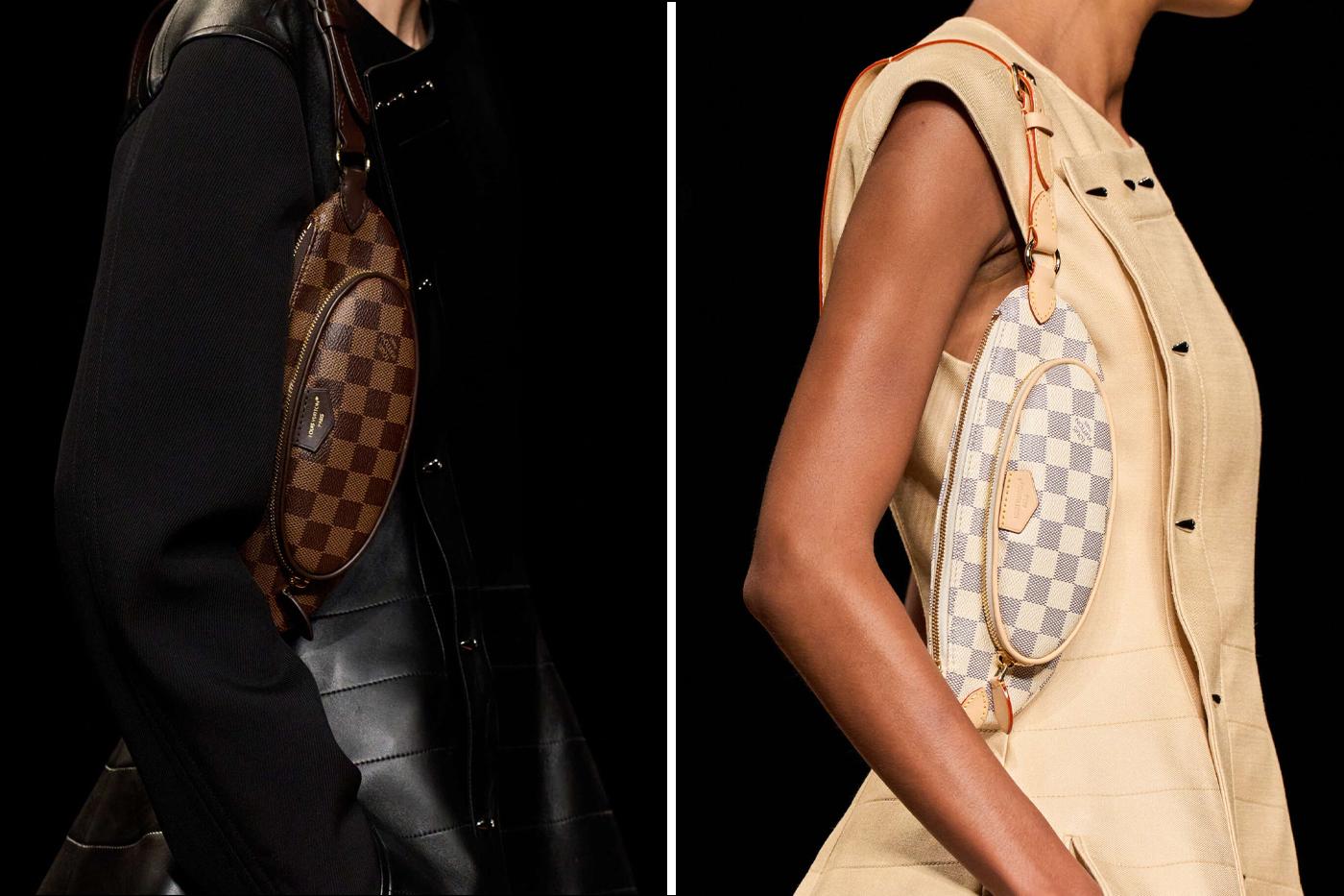 Esta versión presenta una silueta fresca, resaltando una forma ovalada más curvada. Presentada en lona Damier Ebene y Damier Azur, la riñonera incluye un bolsillo frontal con cremallera y una correa ajustable. 