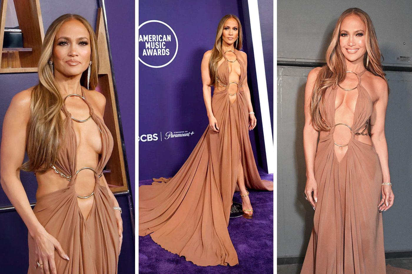Para un cambio sobrio, pero igualmente elegante, terminó la noche con un vestido marrón claro de Defacïence, con un escote pronunciado y detalles dorados. 