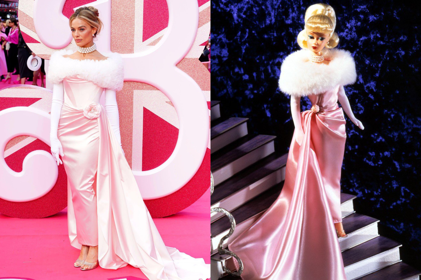 Tan solo unos días después, la intérprete volvió a impactar con este hermoso vestido de Vivienne Westwood en la premiere en Londres. Este maxidress fue una copia del look de Barbie “Enchanted Evening”. 