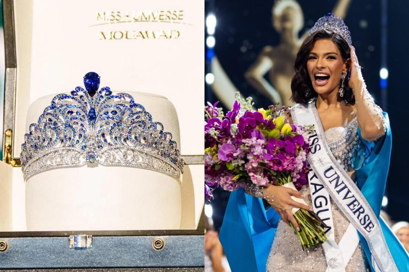 Corona de la Fuerza Mouawad para el Bien (2022–2023)En 2022, para marcar el cambio de propiedad de la Organización Miss Universe, se introdujo un nuevo diseño de corona Mouawad. La corona tiene 110 quilates de zafiros azules, 48 quilates de diamantes blancos y un zafiro azul real de 45,14 quilates en su centro.
