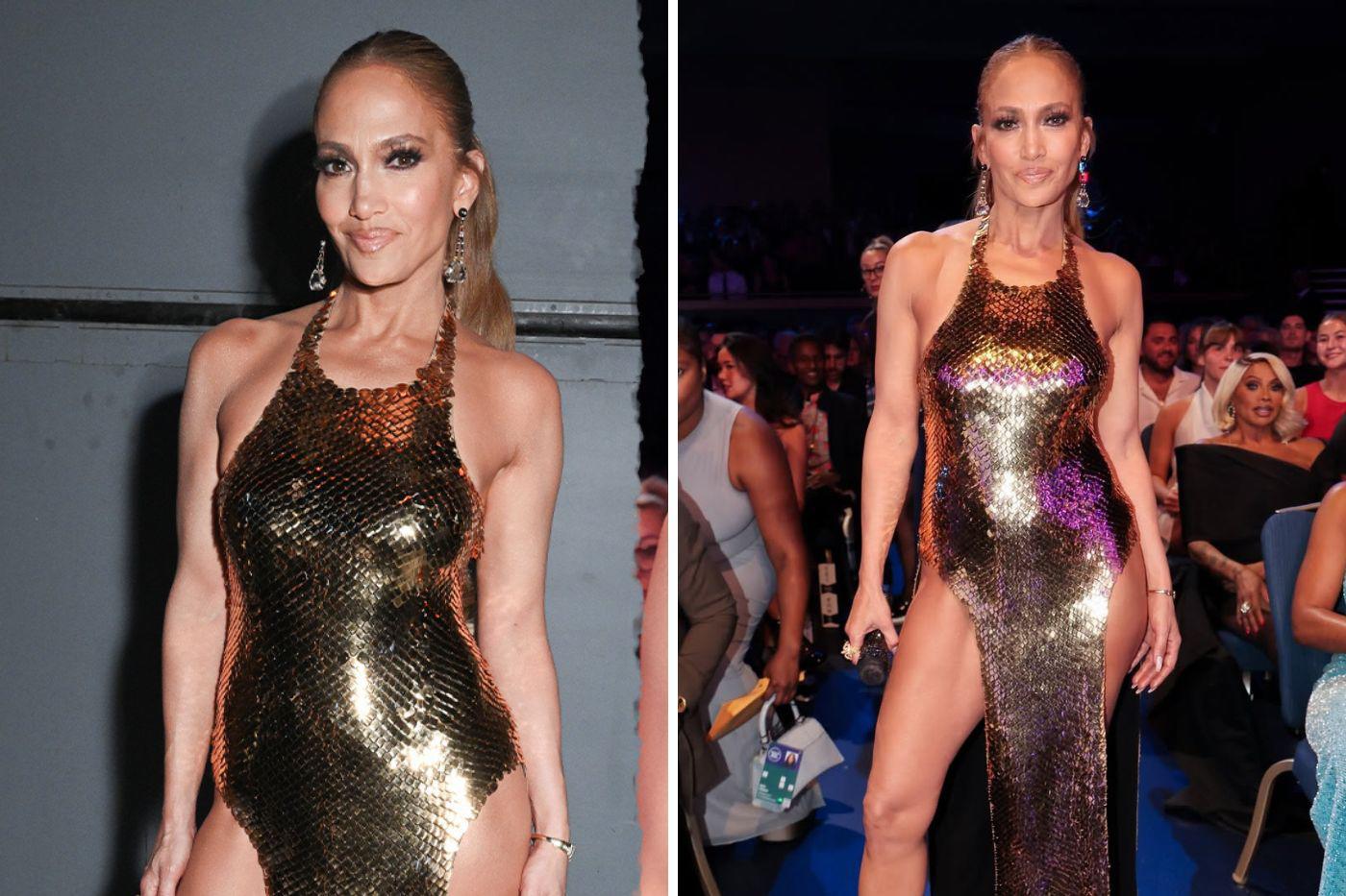 En su tercera aparición, Jennifer optó por un vestido dorado de malla metálica de Mônot, con cortes estratégicos que acentuaban su silueta, fusionando sensualidad y modernidad.
