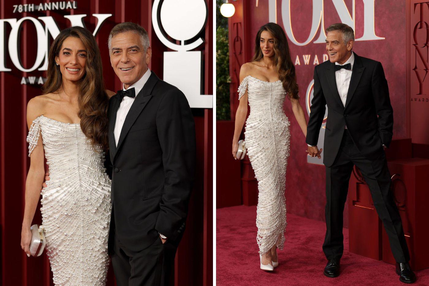 George Clooney en la 78.ª edición de los Premios Tony junto a su esposa Amal Clooney quien optó por utilar un vestido blanco adornado con perlas de Tamara Ralph SS25 Couture, celebrada en el Radio City Music Hall. 