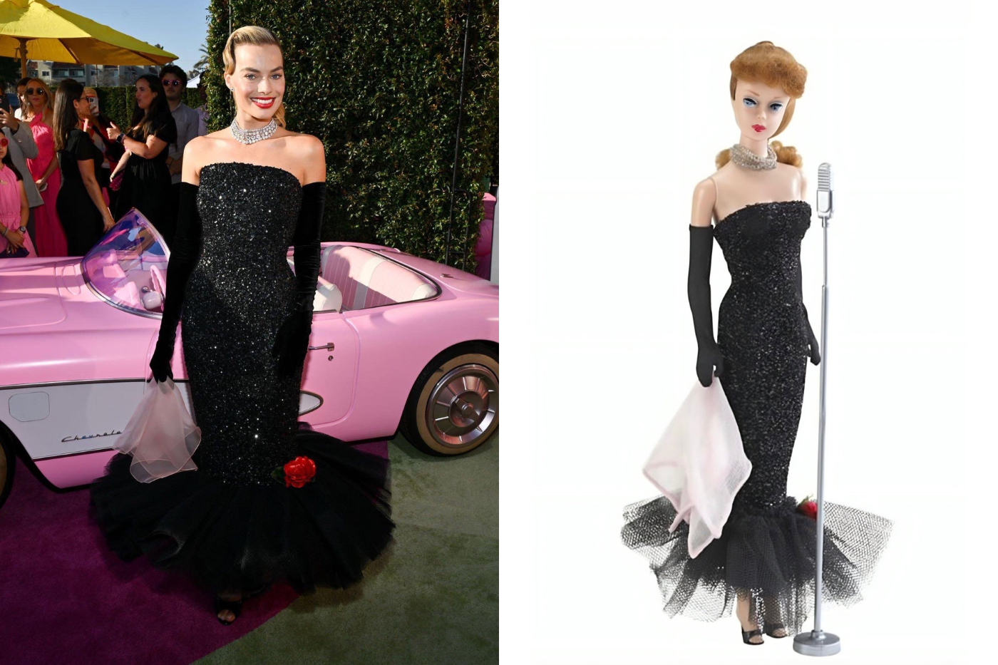 Come on Barbie, let’s go to L.A. Para la premiere de Barbie en Los Ángeles, Robbie lució despampanante con un diseño de Schiaparelli, una réplica del vestido de la muñeca “Solo in Soho” de 1960. 