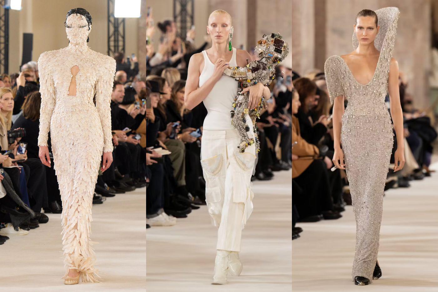 <b>Desfile de Alta Costura de Schiaparelli Primavera-Verano 2024</b>Daniel Roseberry para Schiaparelli presentó una colección que unió lo clásico con lo futurista. Con toques surrealistas y tecnología retro, el desfile incluyó prendas que desafiaban la alta costura tradicional. Cada diseño mostró la perfección artesanal de la marca, combinando arte, moda y detalle de una manera impresionante.