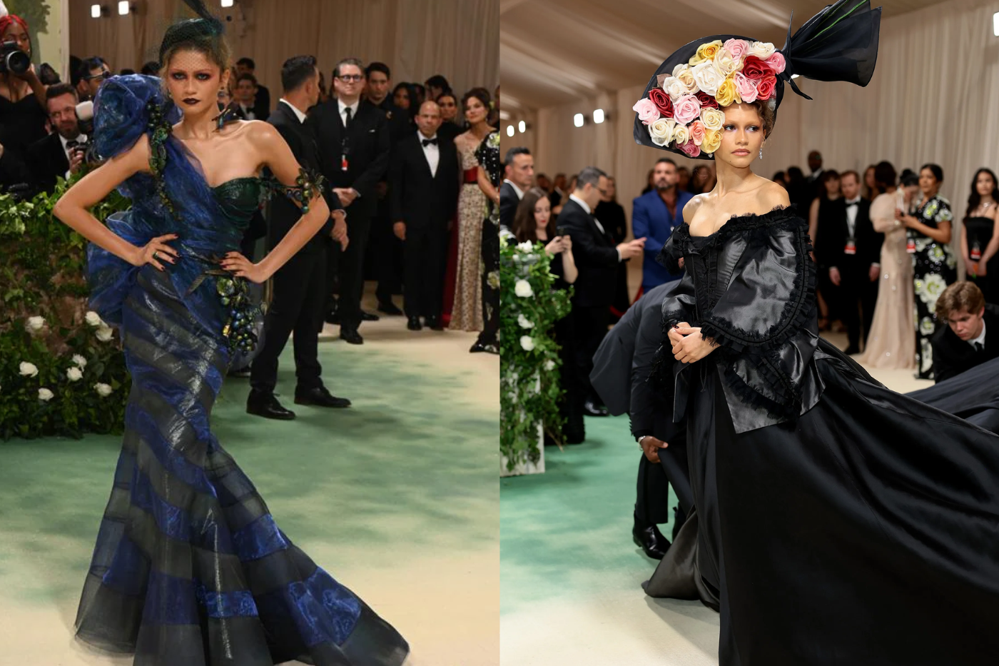 ¡Zendaya lució espectacular en sus dos looks! El primero fue un vestido en tonalidades azules y cuerpo encorsetado de Maison Margiela Couture, mientras que su segundo estilismo fue una creación de Givenchy Alta Costura (Primavera/Verano 1996).