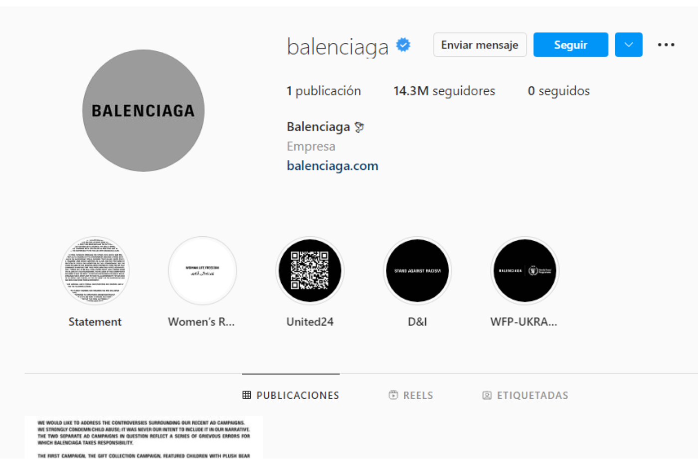 Días después del escándalo, la marca eliminó todas las fotos de sus redes sociales y solo dejó un comunicado. “Condenamos enérgicamente el abuso infantil; nunca fue nuestra intención incluirlo en nuestra narrativa, Las dos campañas publicitarias separadas en cuestión reflejan una serie de errores graves de los que Balenciaga se responsabiliza”.