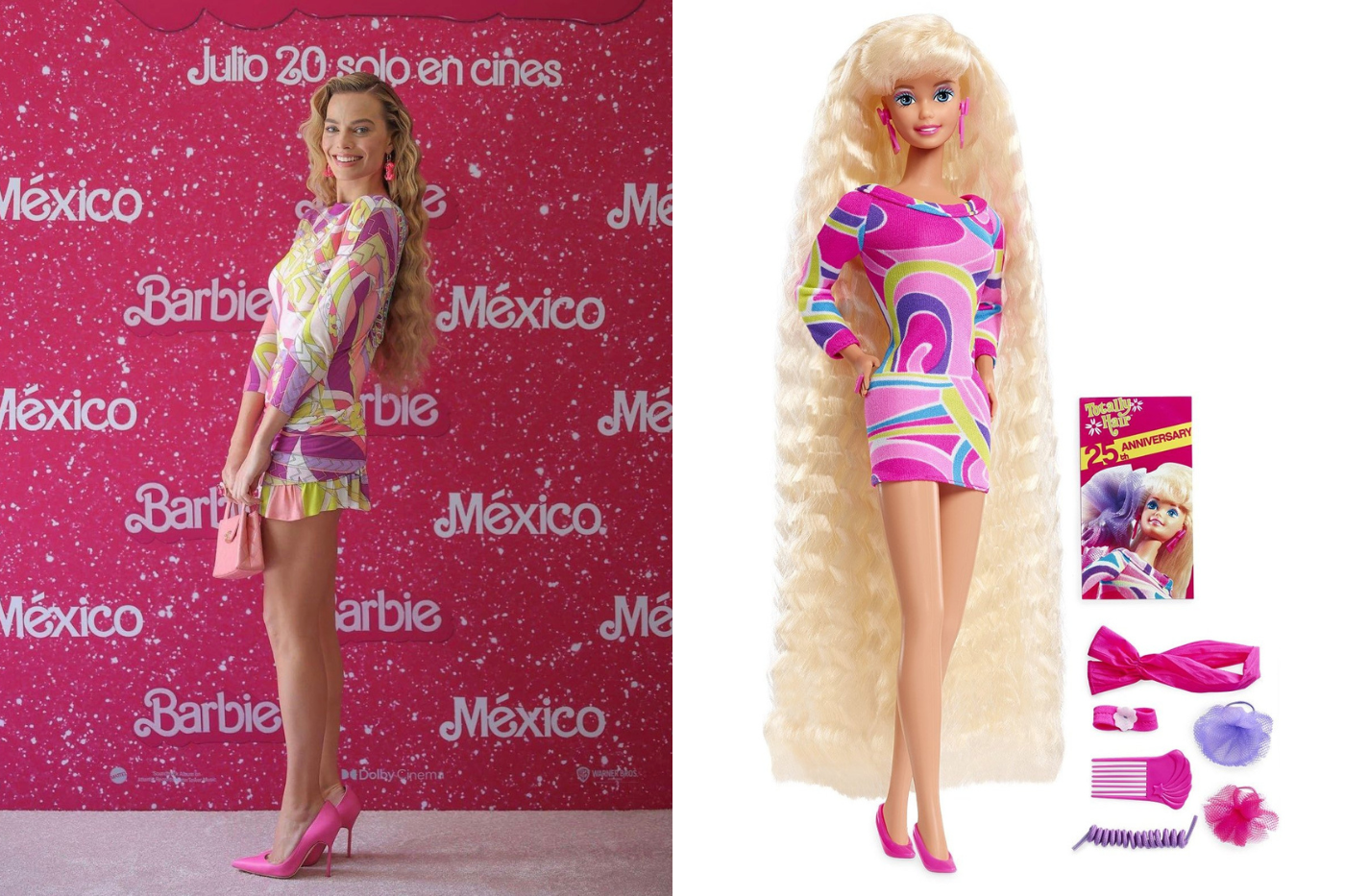 Un día después, Margot se transformó en la Barbie más vendida de la historia, la Totally Hair Barbie de 1992. ¿Te gusta este minidress de Emilio Pucci?