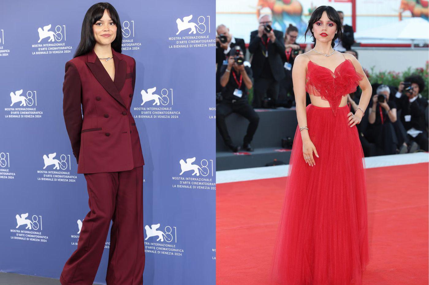 Jenna Ortega lució dos looks, un pantsuit del diseñadora Paul Smith para la conferencia de prensa de la película Beetlejuice Beetlejuice y para la alfombra roja un delsumbrante vestido rojo de Dior.