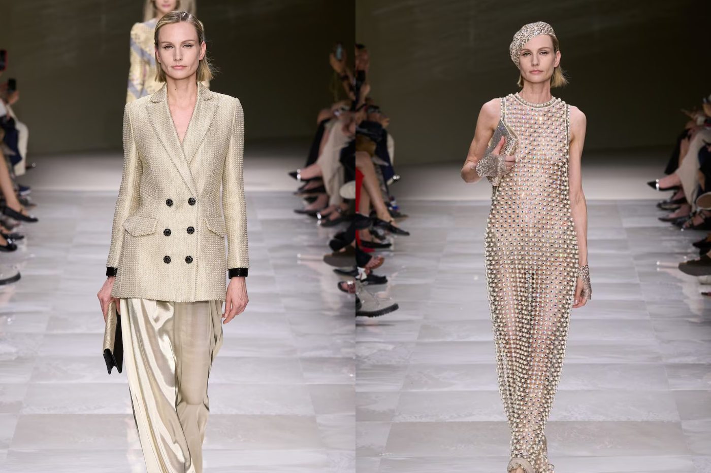 Una modelo representativa de la marca Giorgio Armani es Agnese Zogla. En el desfile de la casa italiana tuvo el lujo de ser la modelo encargada de abrir y cerrar el show. Iniciando con un pantsuit dorado y cerrando con un vestido tipo red con cristales y perlas.