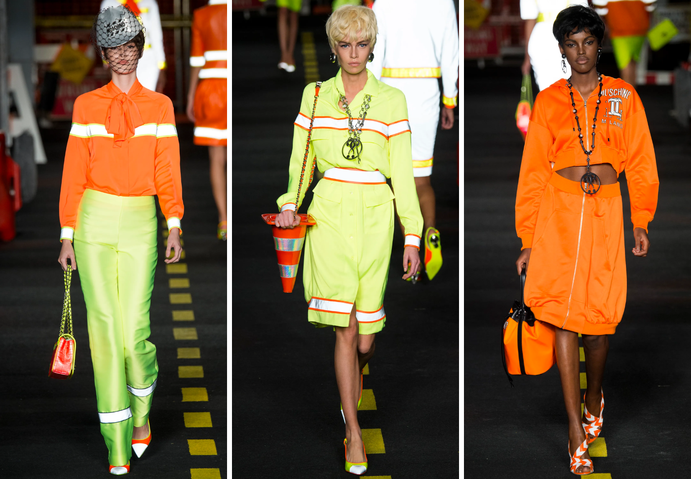 SPRING 2016Nadie se divirtió más que Jeremy Scott en Moschino. Temporada tras temporada, las ideas se volvían más locas, y las producciones creciendo. El tema era la alta costura de lavado de autos. En la pista se instalaron conos de tráfico, barricadas y un lavado de autos genuino que rociaba burbujas en lugar de agua. “No estacionar, zona de alta costura”, decía un letrero; otro: “Alta costura peligrosa por delante”.