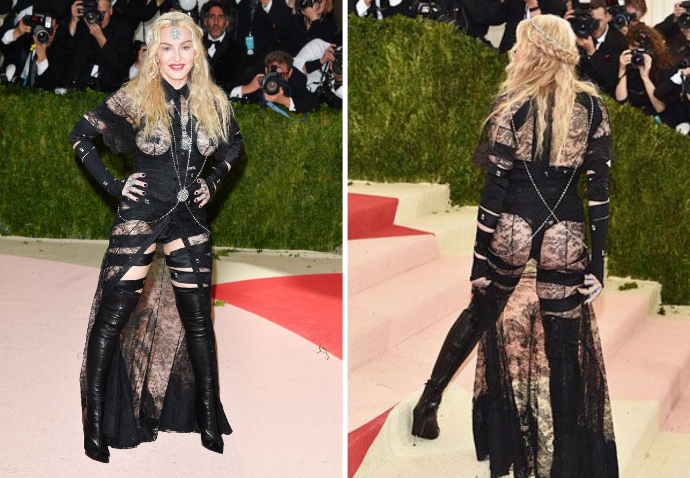 La poderosísima Reina del Pop fue duramente criticada en la Met del 2016 por un lucir una traje completamente negro de Givenchy que dejaba la parte de los glúteos al descubierto al igual, a lo que muchos fans comenzaron a criticar el osado atuendo diciendo que mostraba mucha piel y que era un look desesperado. La cantante no tardó en responder las críticas en sus redes sociales, afirmando que su traje fue una declaración política y también de modas. Además que hizo una crítica a la sociedad edadista y sexista.