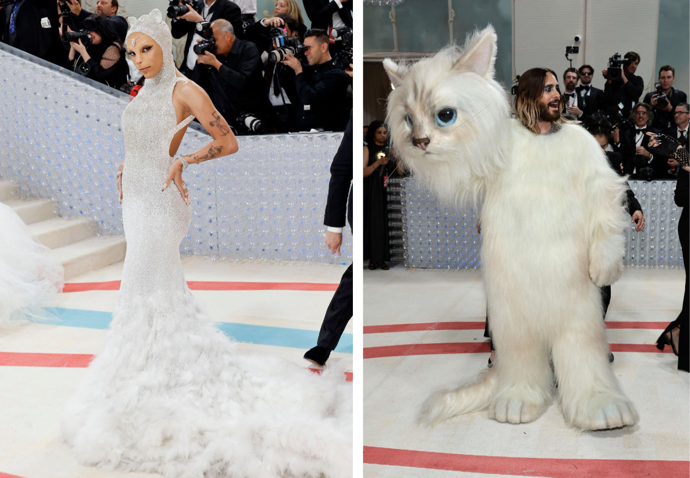 Aunque la célebre gata del diseñador alemán no estuvo en el evento físicamente, Doja Cat y Jared Leto quisieron homenajear a la mascota de Karl. Leto portó un traje completo de gato, mientras que Doja vistió un mono cristalino de Óscar de la Renta que acompañó con orejas, nariz y garras de felino.