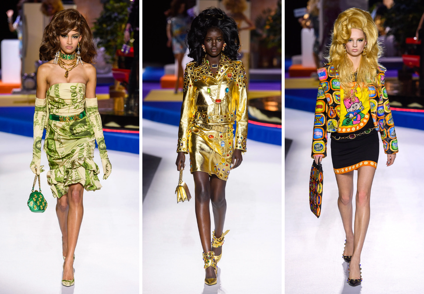 FALL 2019Vestidos adornados con cristales inspirados en los envases de bienes de consumo que los anunciantes intentan vender durante las pausas comerciales, como cereales para el desayuno, refrescos y productos de limpieza para el hogar. “Soy el rey del camp”, mencionó Jeremy en el backstage.