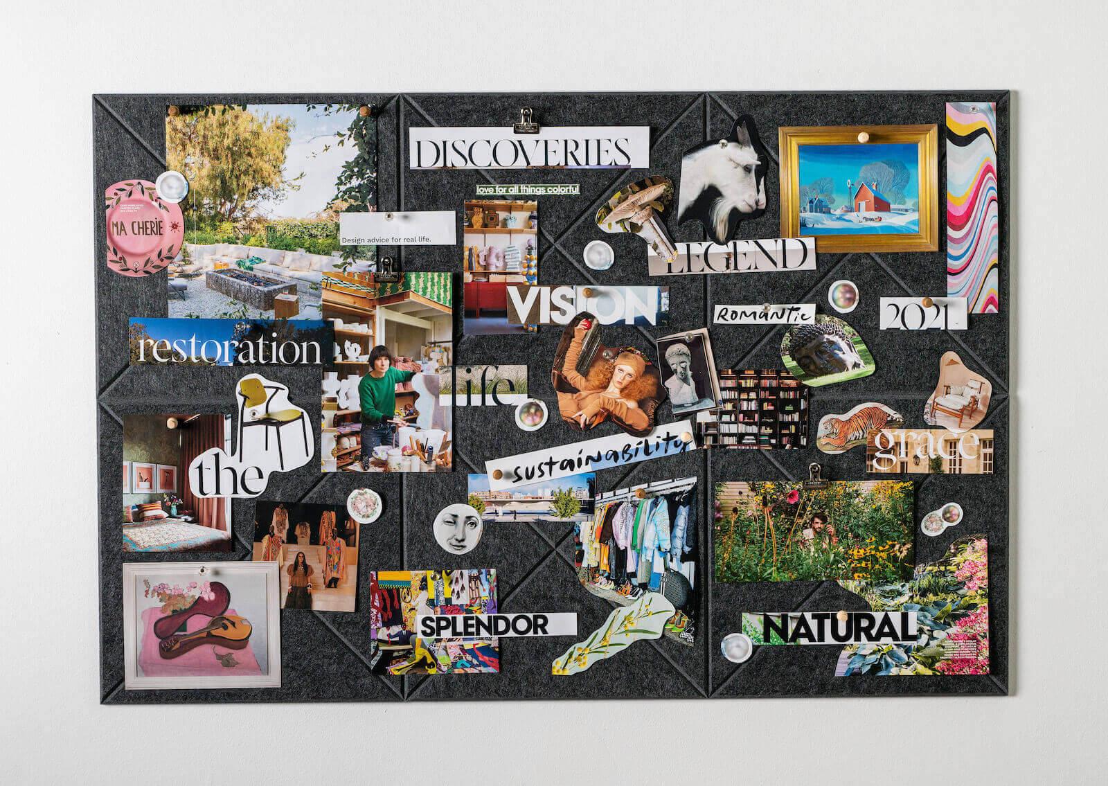 4. Basándote en las imágenes recopiladas, los colores y el tamaño del vision board, elige el soporte que mejor se adapte. Puedes optar por un corcho para colgar, una tela en la pared, una pizarra, un marco antiguo o simplemente fijarlo a la pared con masking tapes, por ejemplo.