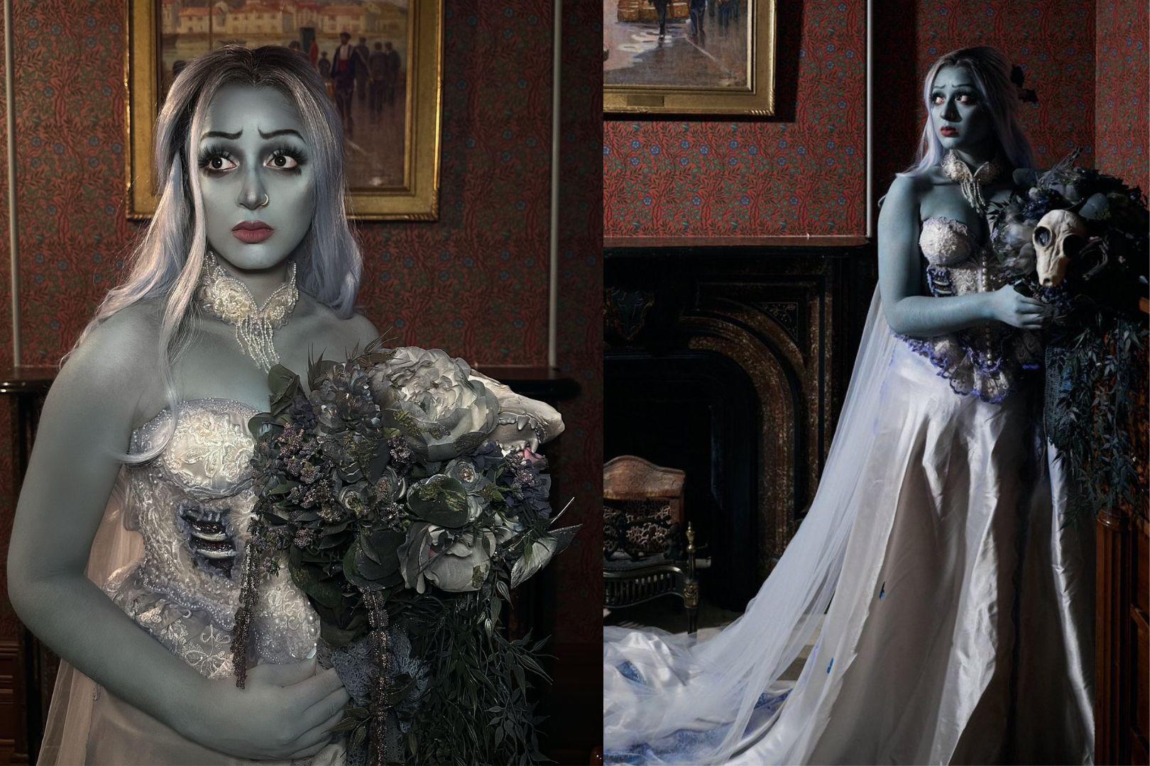 Maitreyi Ramakrishnan: Recreó el icónico look de Emily en el Cadáver de la Novia. 