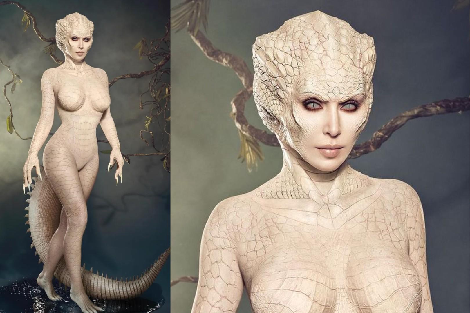 Kim Kardashian: Se convirtió en un caimán albino con un traje que la cubría de pies a cabeza. 
