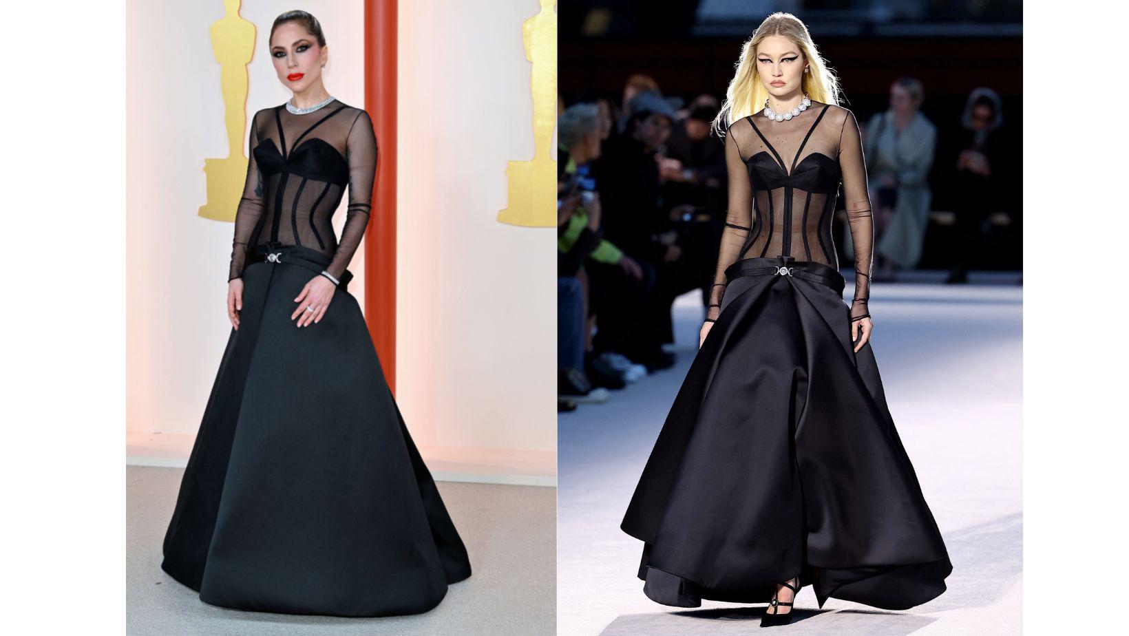 Lady Gaga lució un diseño presentado el jueves anterior en Los Ángeles en la pasarela otoño-invierno 2023/24 de Versace y que fue modelado por Gigi Hadid