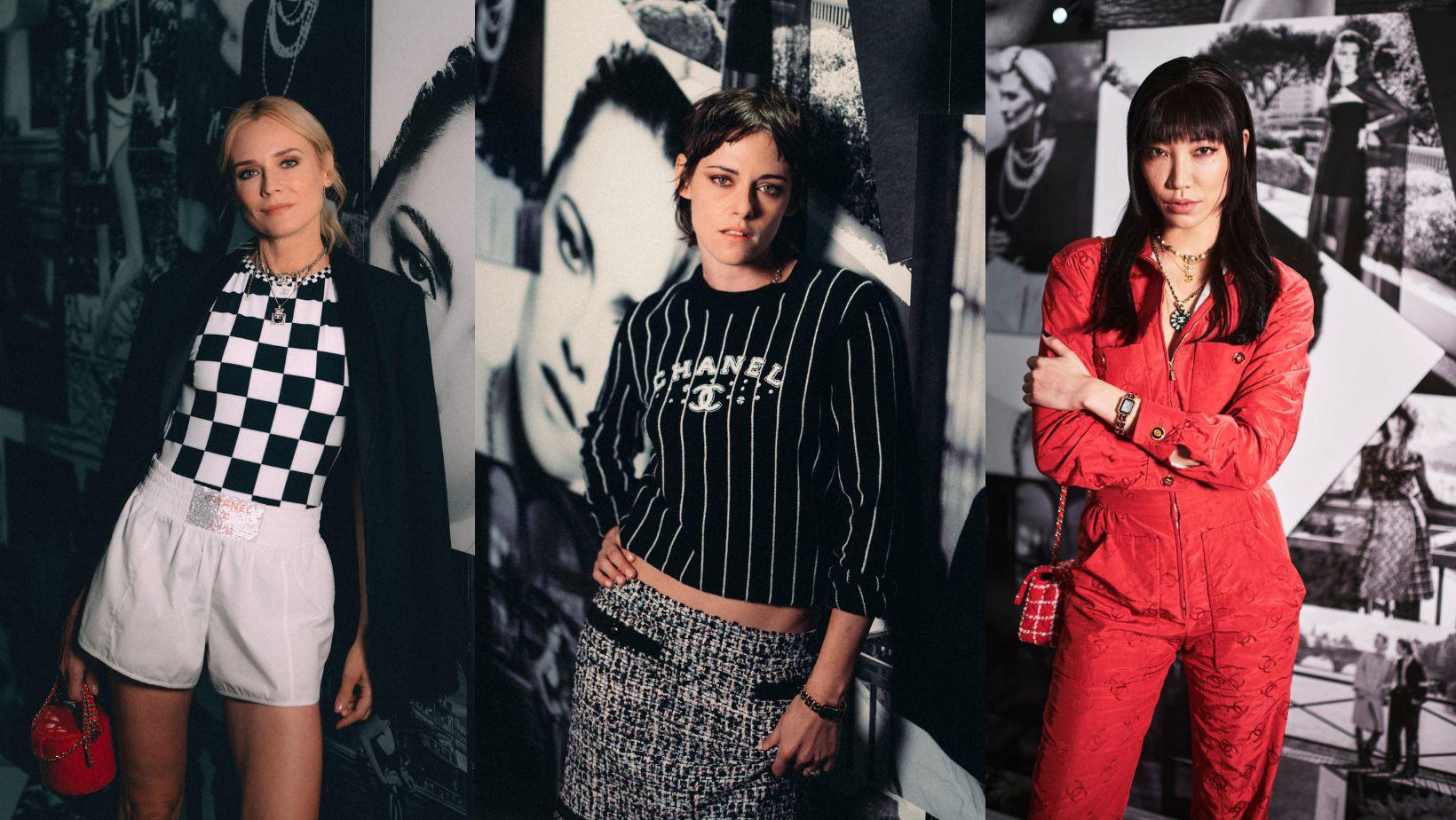 Chanel retomó el glam de la era dorada de Hollywood en una imponente pasarela presentada en el Grand Palais Ephemere, donde el juego de contrastes de blanco y negro recibió a las celebridades. Aquí las imágenes de algunas famosas, embajadoras de la maison, que asistieron al desfile.