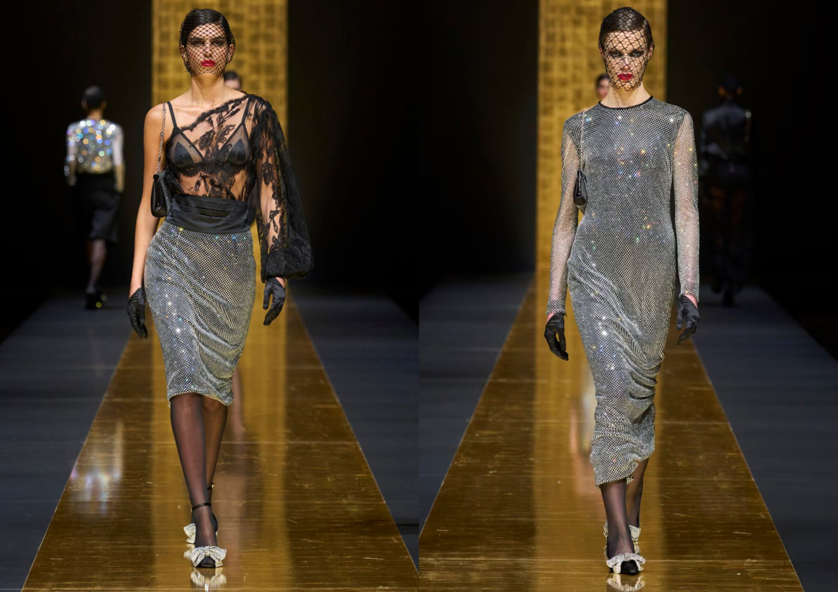 Faldas midi y vestidos con brillos y lentejuelas.