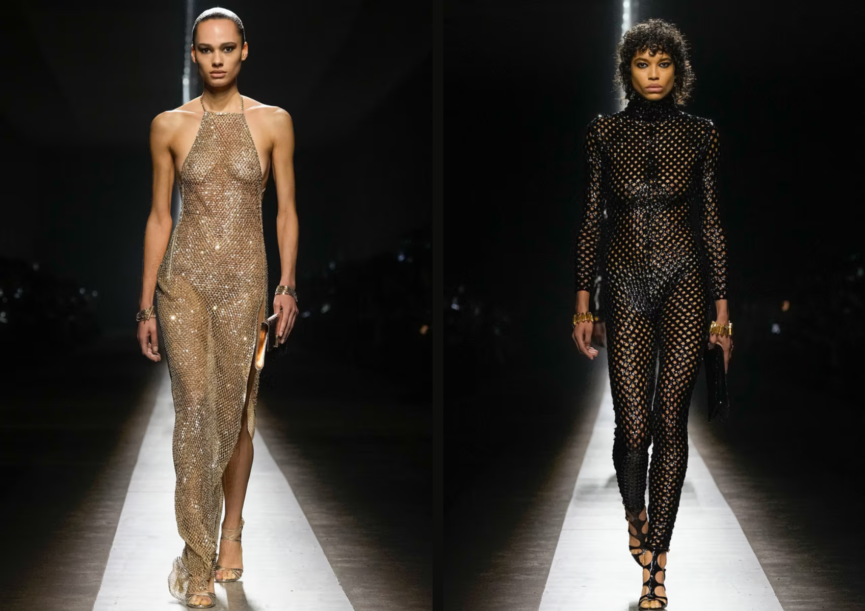 Vestidos y suits de cota de malla transparentes. 