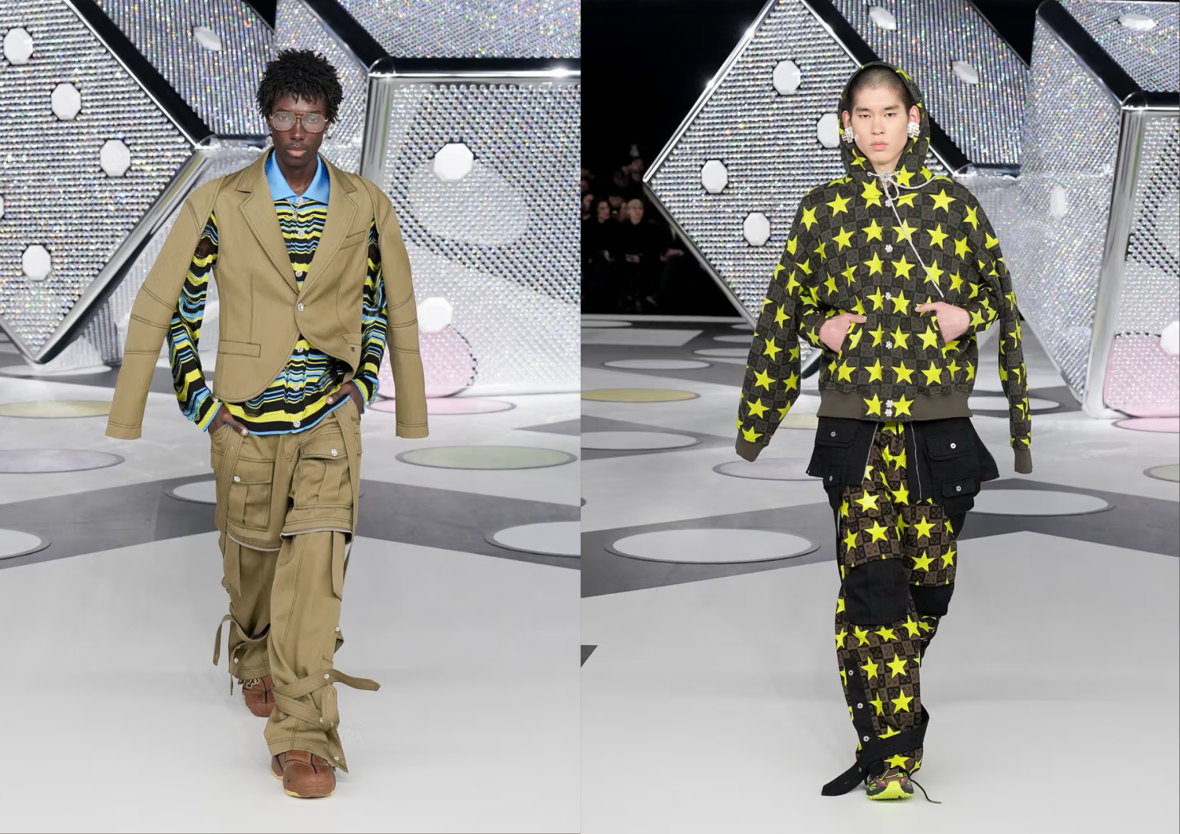 Para los hombres, Kamara lo clavó con chaquetas beige deconstruidas y pantalones cargo con flecos. Algunas de las chaquetas de cuero recibieron un cambio maximalista con apliques de estrellas. Se sintió como un remix de la legendaria herencia de streetwear de Virgil Abloh, con estrellas en sudaderas con capucha y pantalones holgados.