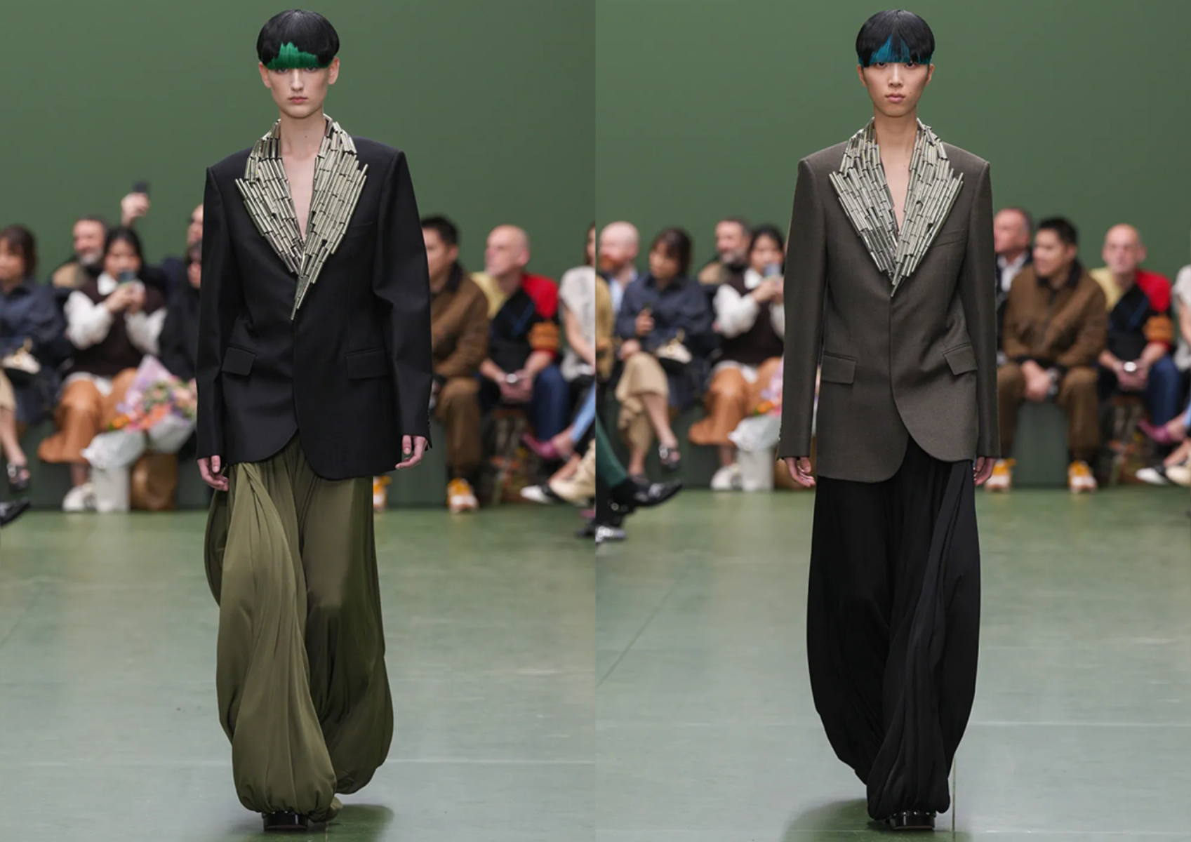El color verde y negro de las obras de arte se presentó en pantalones fluidos combinados con chaquetas estructuradas del siglo XVIII.