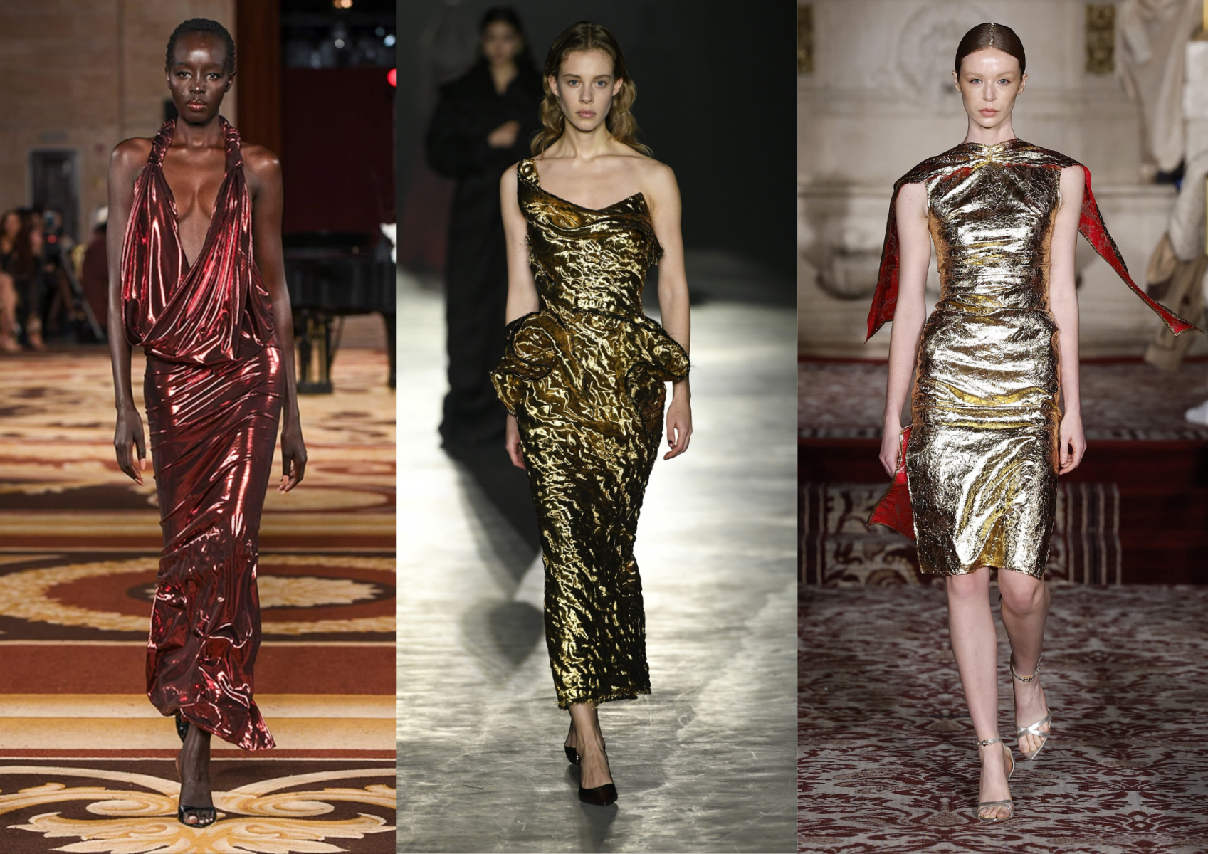 <b>Metalizados fundidos</b>Los colores luminosos regresan en texturas metalizadas. Christian Siriano y Jason Wu nos trajeron colecciones como si los mismísimos metales líquidos se derritieran sobre los vestidos. (Puppets &amp; Puppets, Jason Wu, Christian Sirino)