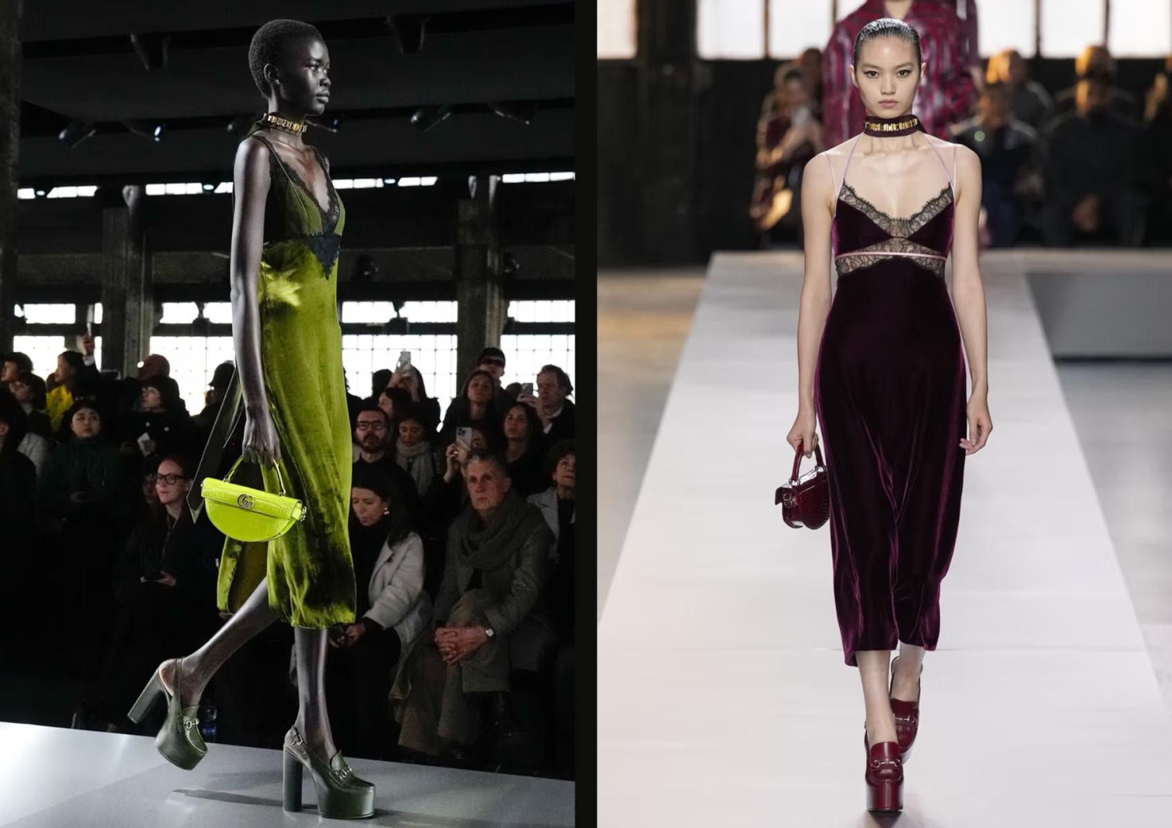 Vestidos que combinan lana con encaje y terciopelo.