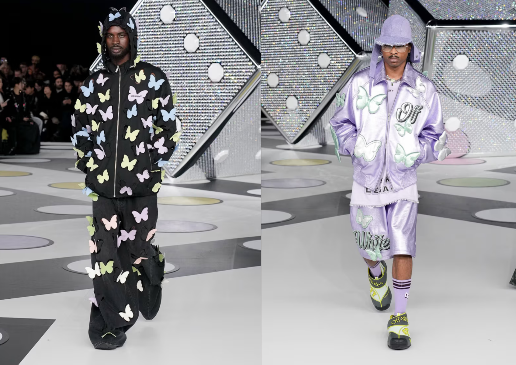 Chaquetas universitarias cubiertas con un enjambre de bordados de mariposas en 3D.