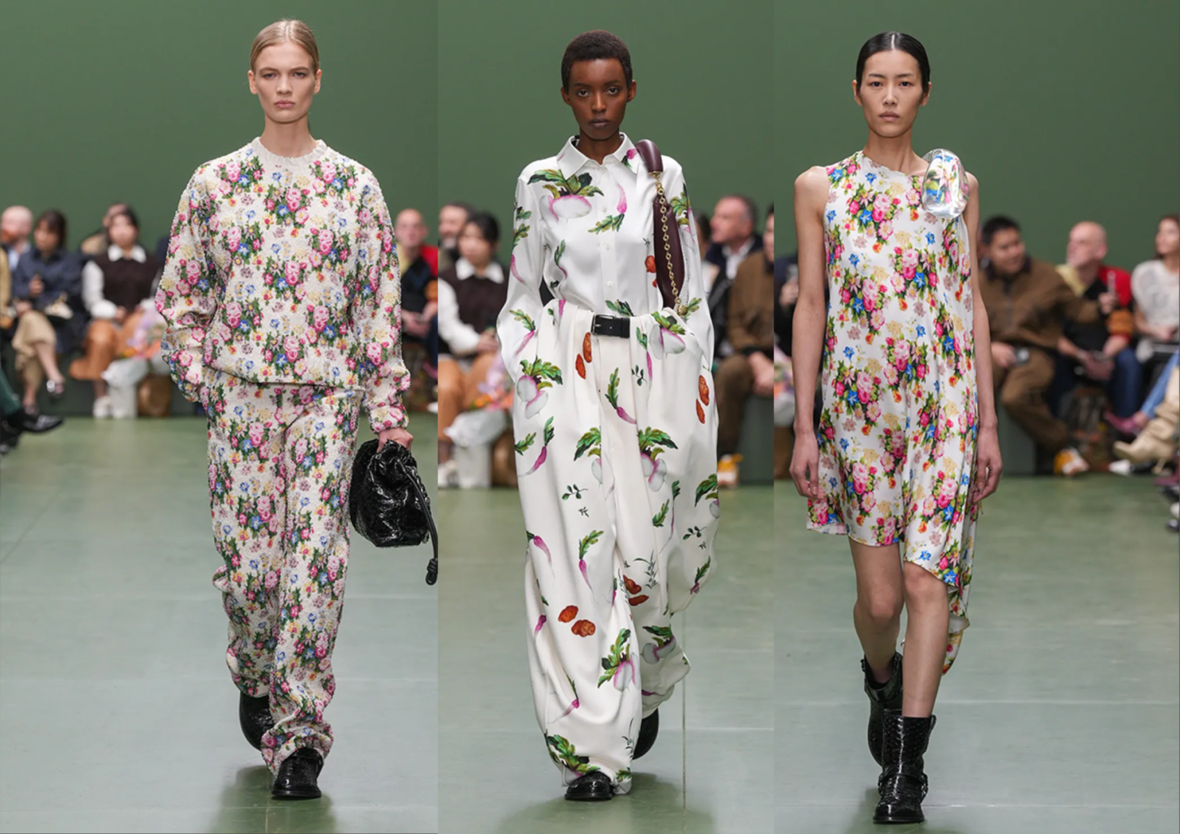 La colección destaca por una combinación notable de texturas, volúmenes y estampados, con un énfasis particular en patrones florales y motivos paisajísticos.