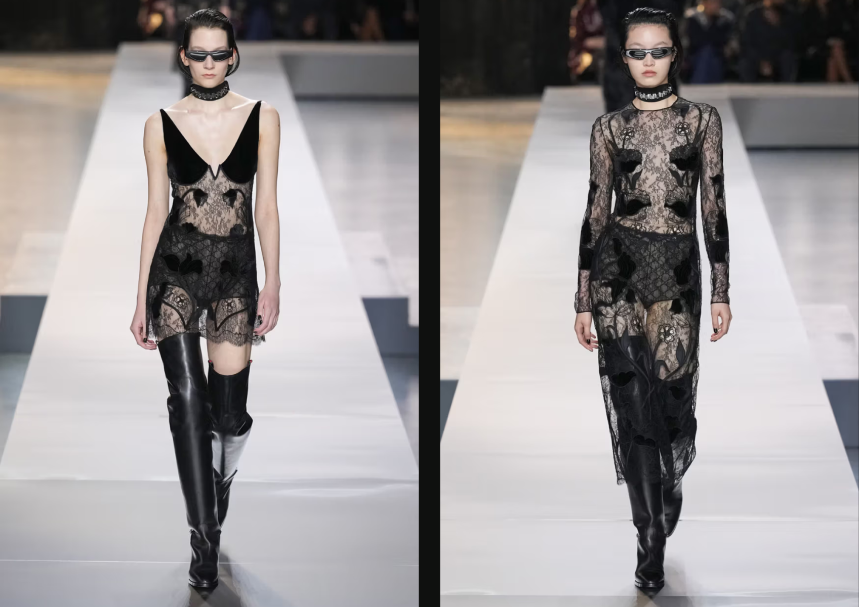 Vestidos lenceros de largo midi en telas transparentes y terciopelos.