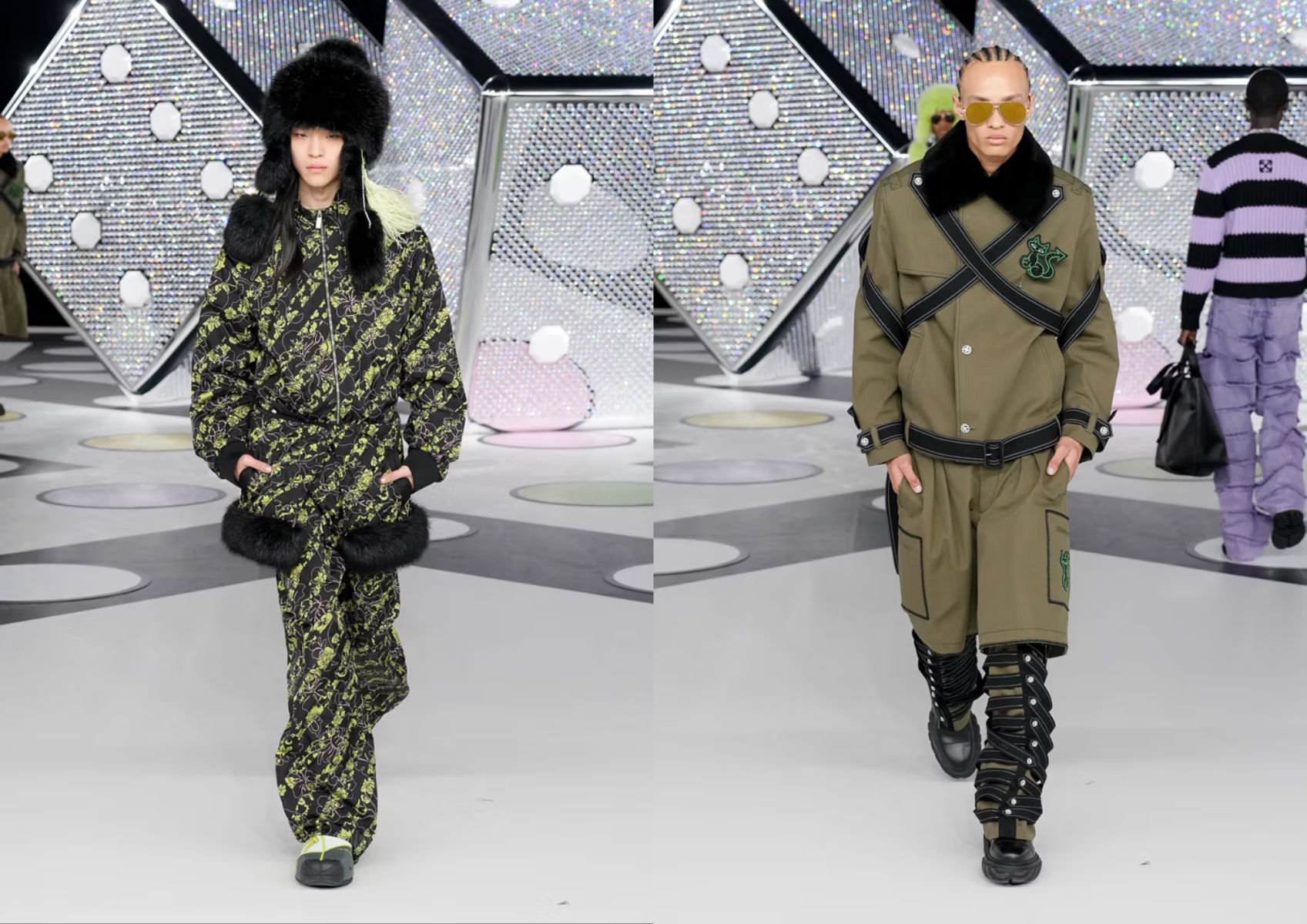En el desfile se presentó un giro elegante en el estilo militar, con chaquetas que mezclan lo funcional con lo elegante en un verde oliva y negro.