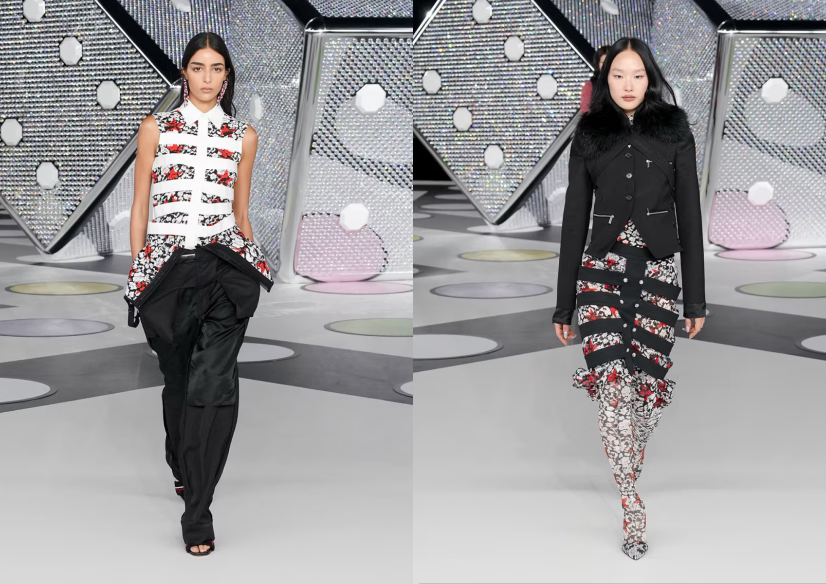 Los looks femeninos lucían estampados florales en camisas sin mangas y pantalones, mezclados con rayas blancas y negras. 