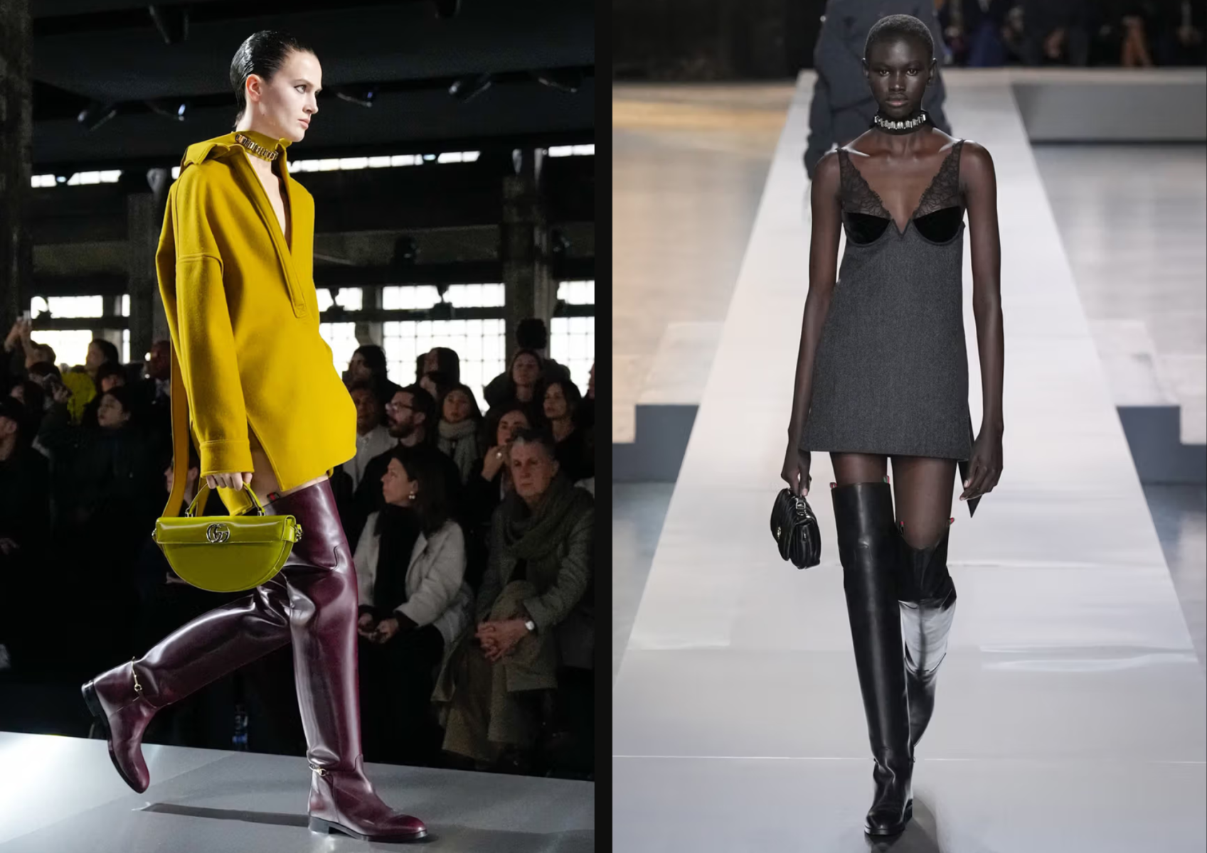En cuanto a accesorios y zapatos, brillaron las botas ‘over the knee’ tapando casi la totalidad de las piernas. Los outfits han sido combinados con chokers y bolsos con forma de media luna.